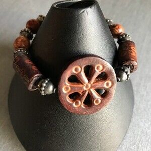 Vintage Handmade Leather Wood Sterling Silver Boho Bracelet Toggle Clasp 7.5 in